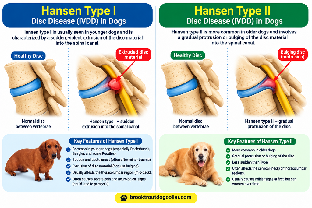 Image showing the different between Hansen type I and Hansen type II disc disease in IVDD in Dogs